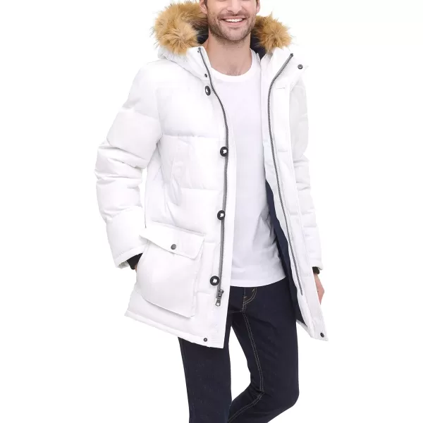 Tommy Hilfiger Mens Arctic Cloth Heavyweight Performance Parka Down Alternative Fur Lined Hood Outerwear CoatWhite