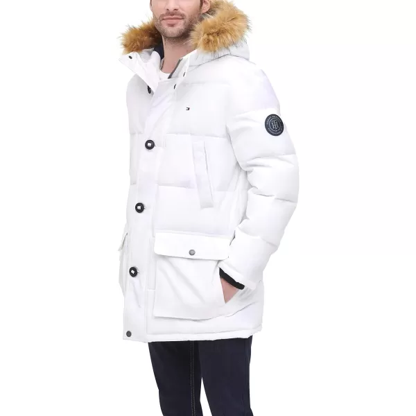 Tommy Hilfiger Mens Arctic Cloth Heavyweight Performance Parka Down Alternative Fur Lined Hood Outerwear CoatWhite