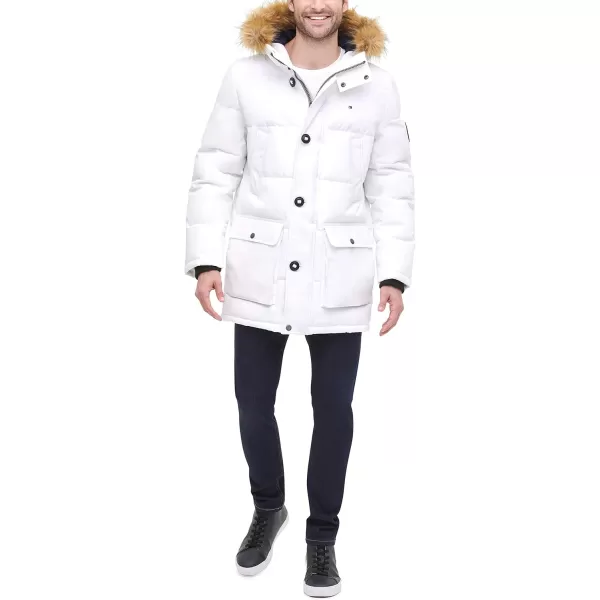 Tommy Hilfiger Mens Arctic Cloth Heavyweight Performance Parka Down Alternative Fur Lined Hood Outerwear CoatWhite