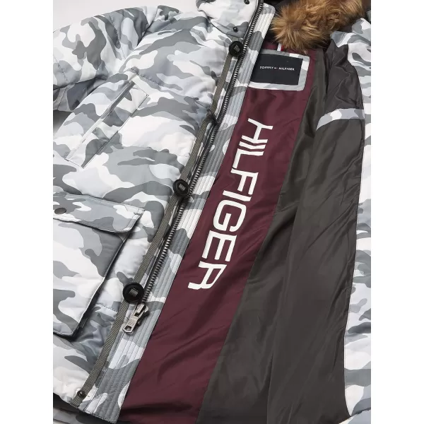 Tommy Hilfiger Mens Arctic Cloth Heavyweight Performance Parka Down Alternative Fur Lined Hood Outerwear CoatWhite Camouflage