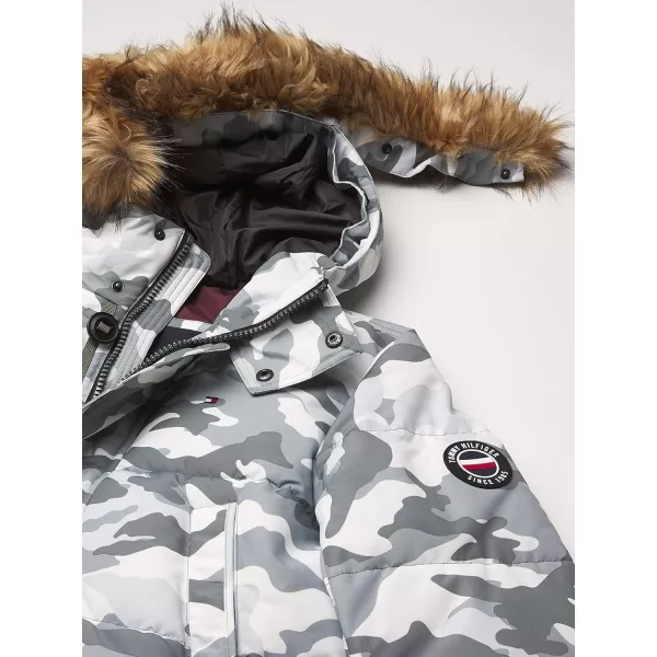 Tommy Hilfiger Mens Arctic Cloth Heavyweight Performance Parka Down Alternative Fur Lined Hood Outerwear CoatWhite Camouflage