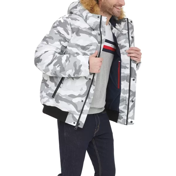 Tommy Hilfiger Mens Arctic Cloth Quilted Snorkel Bomber JacketWhite Camouflage