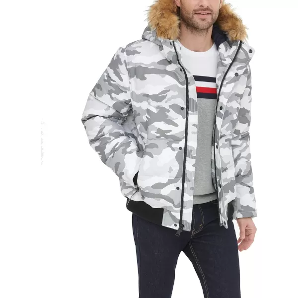 Tommy Hilfiger Mens Arctic Cloth Quilted Snorkel Bomber JacketWhite Camouflage