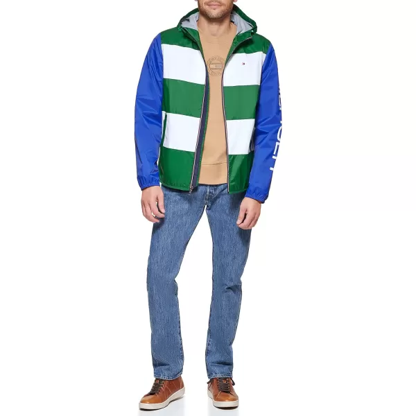 Tommy Hilfiger Mens Color Block Logo Rain SlickerGreenWhiteBlue