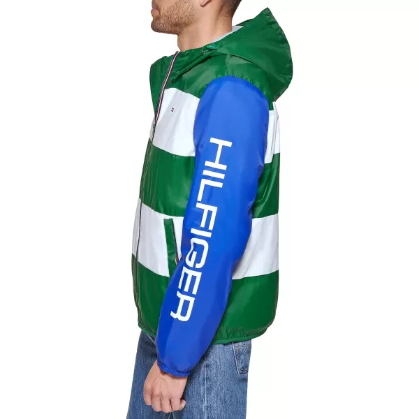 Tommy Hilfiger Mens Color Block Logo Rain SlickerGreenWhiteBlue