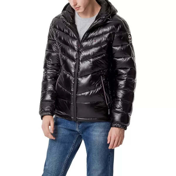 Tommy Hilfiger Mens Heavyweight Chevron Quilted Performance Hooded Puffer JacketBlack Shine