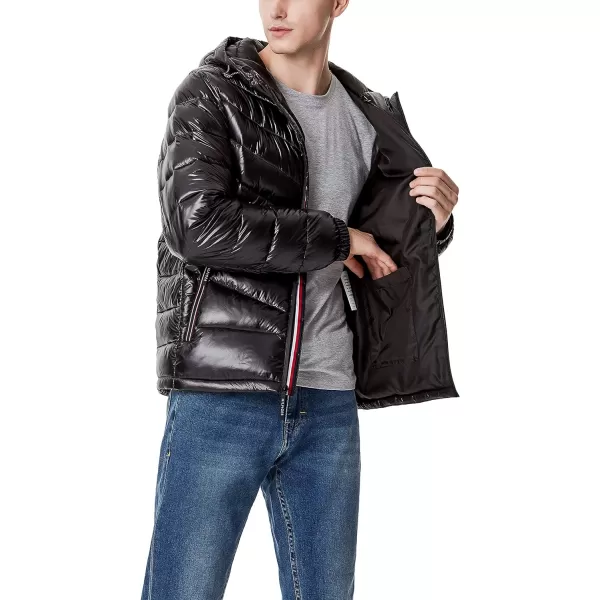 Tommy Hilfiger Mens Heavyweight Chevron Quilted Performance Hooded Puffer JacketBlack Shine