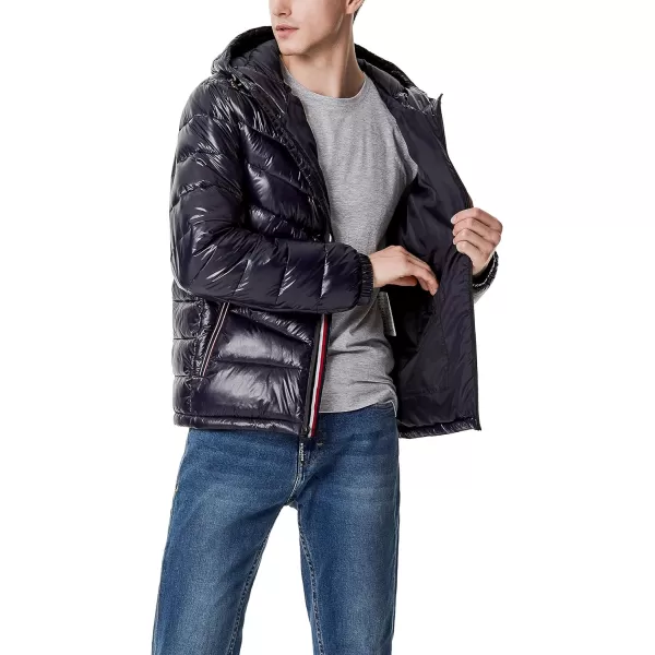 Tommy Hilfiger Mens Heavyweight Chevron Quilted Performance Hooded Puffer JacketMidnight Shine