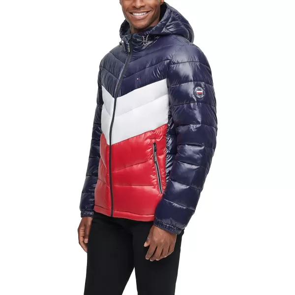 Tommy Hilfiger Mens Heavyweight Chevron Quilted Performance Hooded Puffer JacketMidnightIceRed Shine