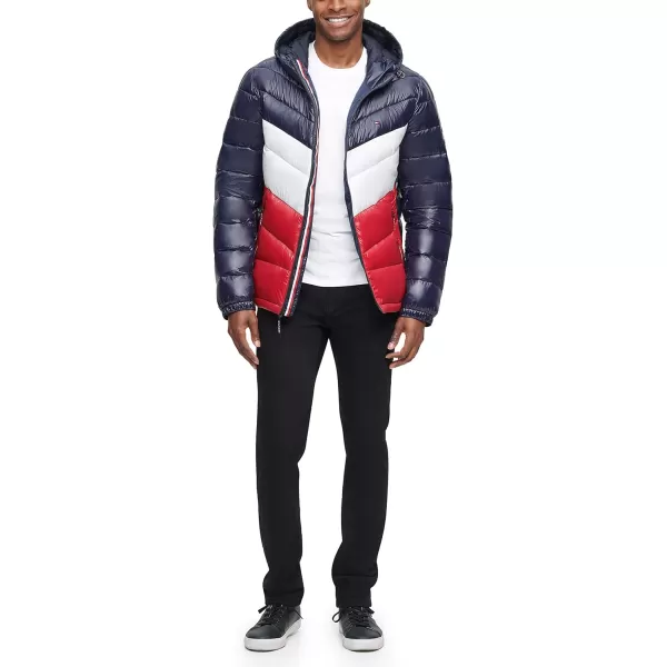 Tommy Hilfiger Mens Heavyweight Chevron Quilted Performance Hooded Puffer JacketMidnightIceRed Shine