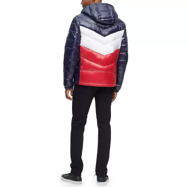 Tommy Hilfiger Mens Heavyweight Chevron Quilted Performance Hooded Puffer JacketMidnightIceRed Shine