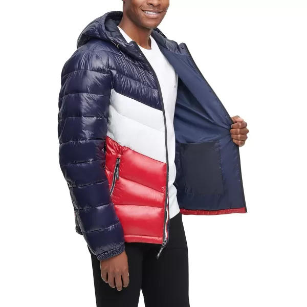 Tommy Hilfiger Mens Heavyweight Chevron Quilted Performance Hooded Puffer JacketMidnightIceRed Shine