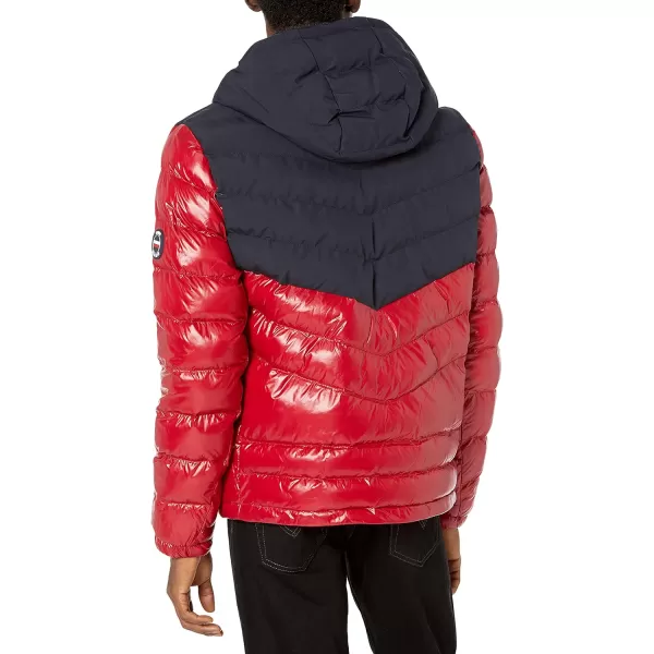 Tommy Hilfiger Mens Heavyweight Chevron Quilted Performance Hooded Puffer JacketNavyRed