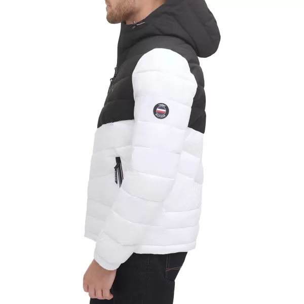 Tommy Hilfiger Mens Heavyweight Chevron Quilted Performance Hooded Puffer JacketWhiteBlack