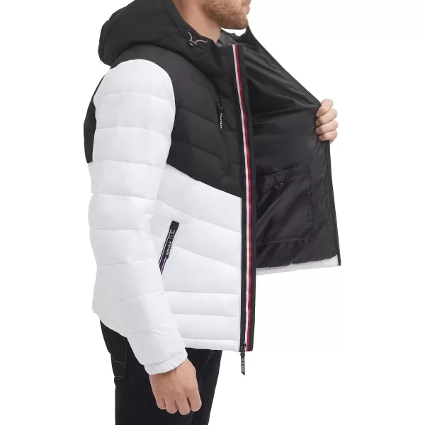 Tommy Hilfiger Mens Heavyweight Chevron Quilted Performance Hooded Puffer JacketWhiteBlack