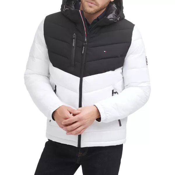 Tommy Hilfiger Mens Heavyweight Chevron Quilted Performance Hooded Puffer JacketWhiteBlack