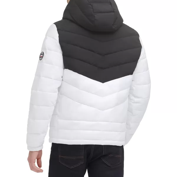 Tommy Hilfiger Mens Heavyweight Chevron Quilted Performance Hooded Puffer JacketWhiteBlack