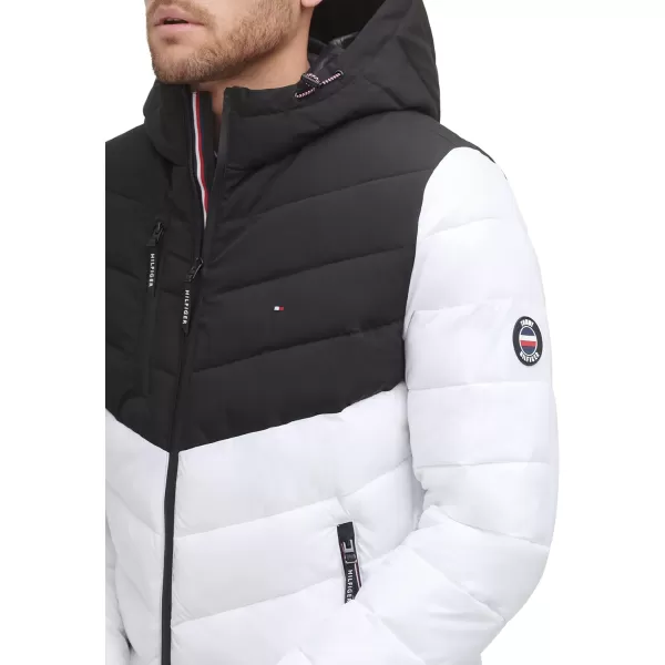 Tommy Hilfiger Mens Heavyweight Chevron Quilted Performance Hooded Puffer JacketWhiteBlack