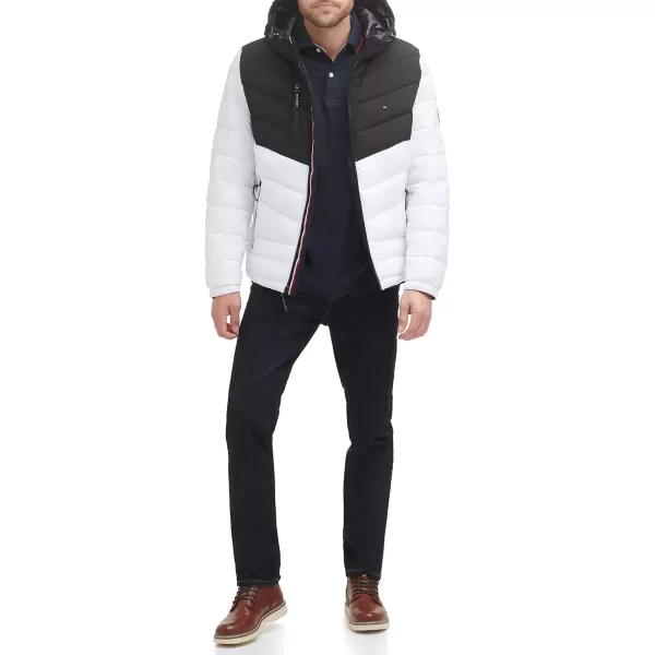 Tommy Hilfiger Mens Heavyweight Chevron Quilted Performance Hooded Puffer JacketWhiteBlack