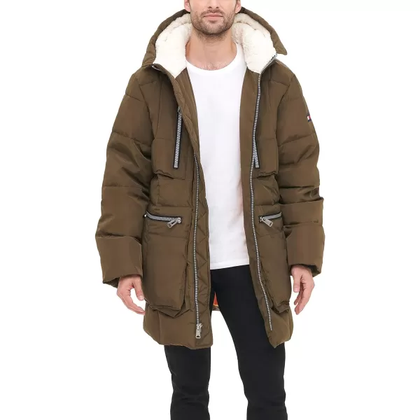 Tommy Hilfiger Mens Heavyweight Quilted Sherpa Hooded ParkaArmy Green