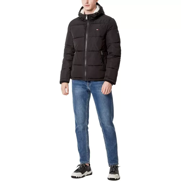 Tommy Hilfiger Mens Hooded Puffer JacketBlack Poly Tech