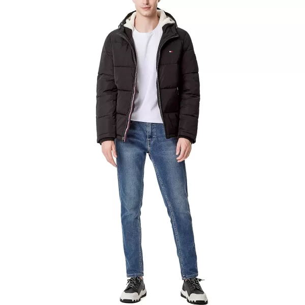 Tommy Hilfiger Mens Hooded Puffer JacketBlack Poly Tech