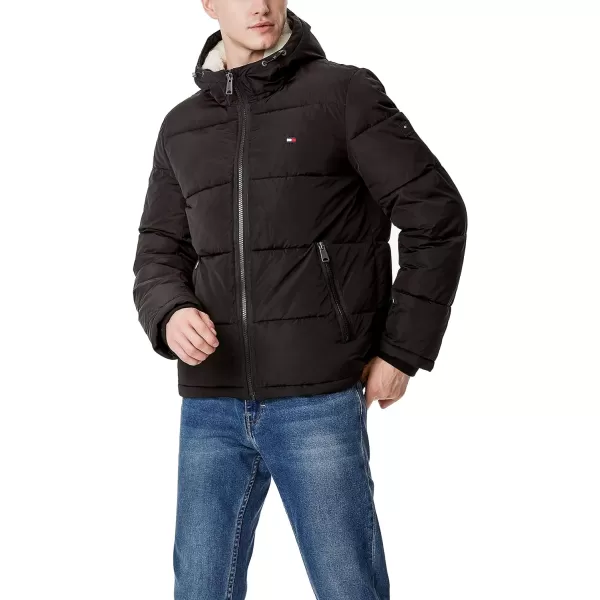 Tommy Hilfiger Mens Hooded Puffer JacketBlack Poly Tech