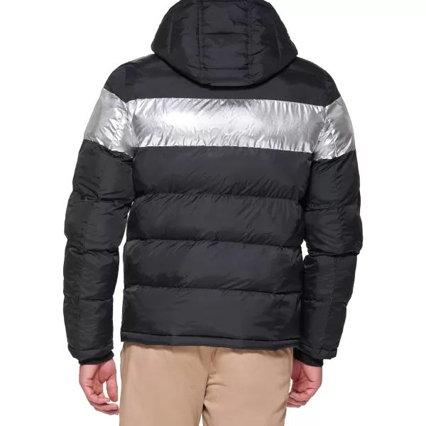 Tommy Hilfiger Mens Hooded Puffer JacketBlack Silver Stripe