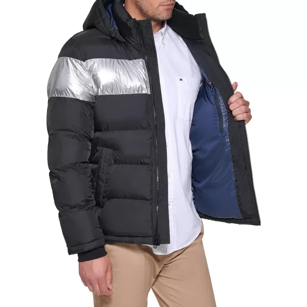 Tommy Hilfiger Mens Hooded Puffer JacketBlack Silver Stripe