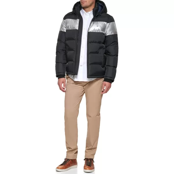 Tommy Hilfiger Mens Hooded Puffer JacketBlack Silver Stripe