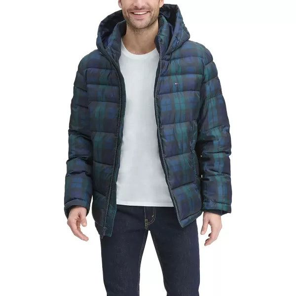 Tommy Hilfiger Mens Hooded Puffer JacketBlack Watch Plaid