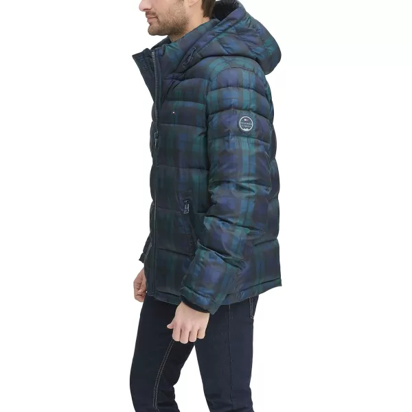 Tommy Hilfiger Mens Hooded Puffer JacketBlack Watch Plaid