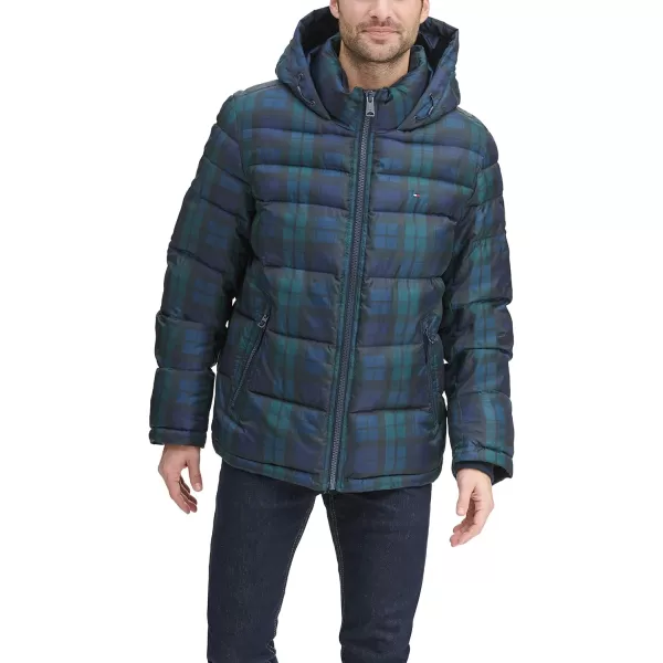 Tommy Hilfiger Mens Hooded Puffer JacketBlack Watch Plaid