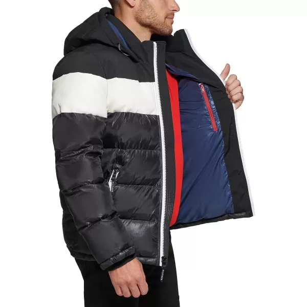 Tommy Hilfiger Mens Hooded Puffer JacketBlackWhite Mixed Media Stripe