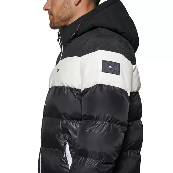 Tommy Hilfiger Mens Hooded Puffer JacketBlackWhite Mixed Media Stripe