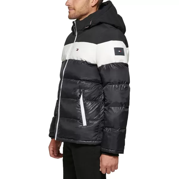 Tommy Hilfiger Mens Hooded Puffer JacketBlackWhite Mixed Media Stripe