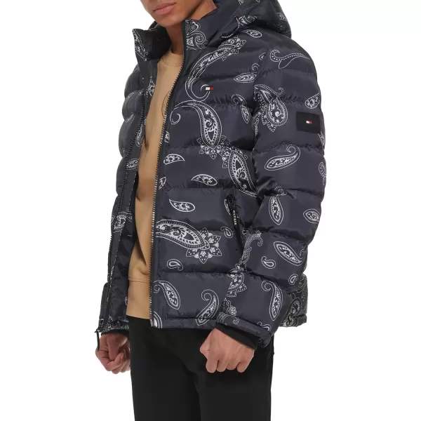 Tommy Hilfiger Mens Hooded Puffer JacketBlackWhite Paisley