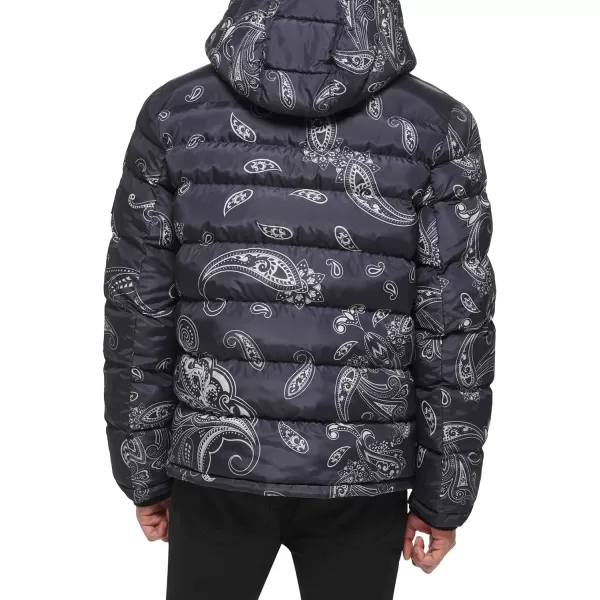 Tommy Hilfiger Mens Hooded Puffer JacketBlackWhite Paisley