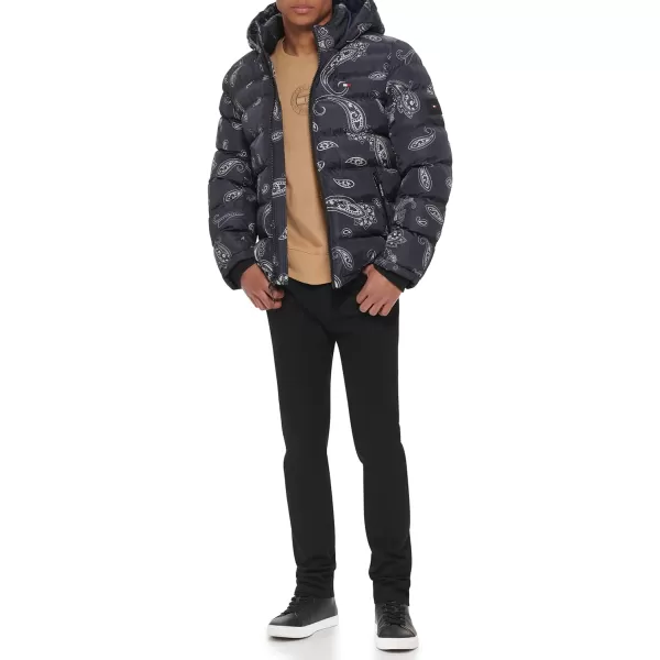 Tommy Hilfiger Mens Hooded Puffer JacketBlackWhite Paisley