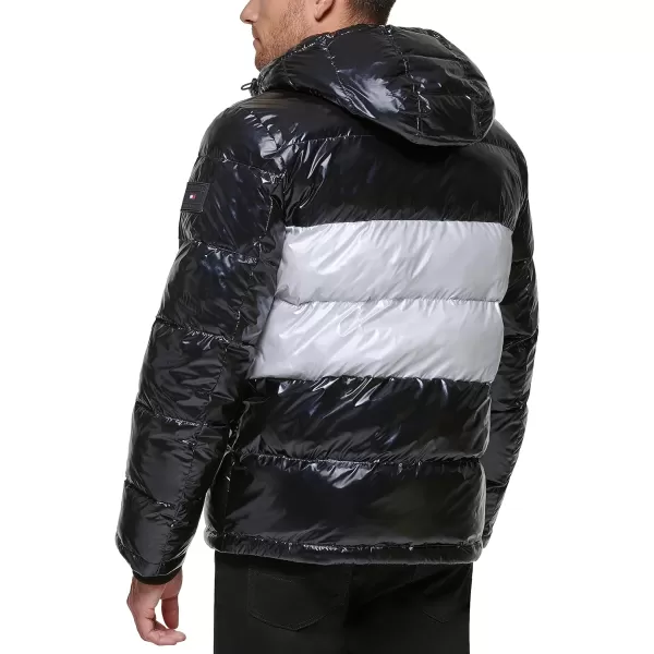 Tommy Hilfiger Mens Hooded Puffer JacketBlackWhite Pearlized