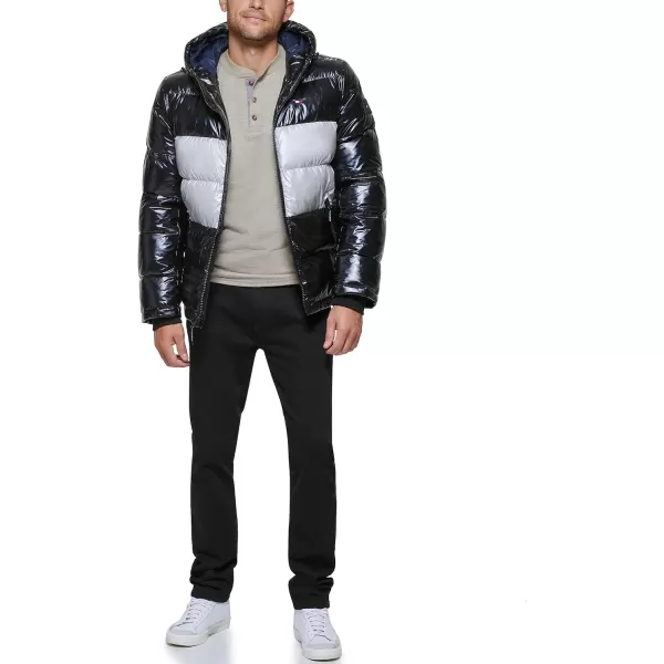 Tommy Hilfiger Mens Hooded Puffer JacketBlackWhite Pearlized