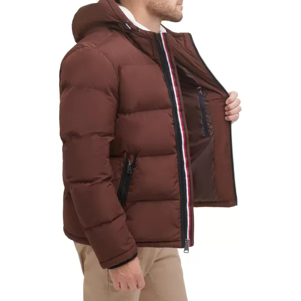 Tommy Hilfiger Mens Hooded Puffer JacketBrown Poly Tech