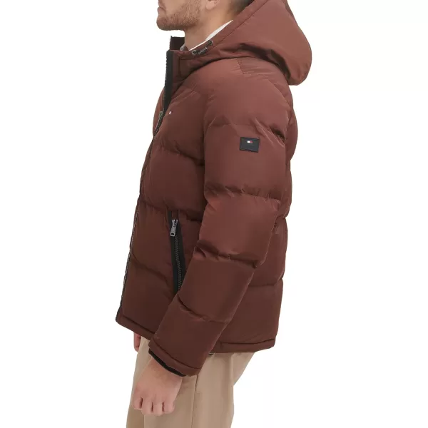 Tommy Hilfiger Mens Hooded Puffer JacketBrown Poly Tech