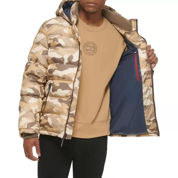 Tommy Hilfiger Mens Hooded Puffer JacketKhaki Camo