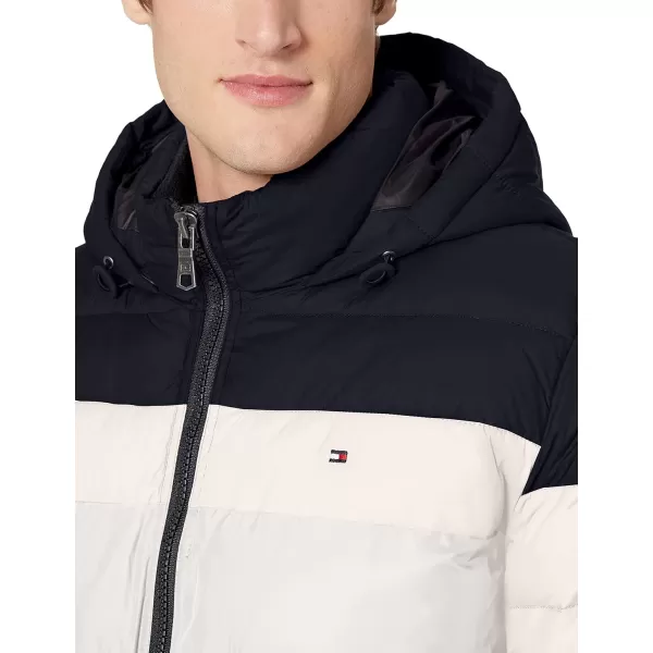 Tommy Hilfiger Mens Hooded Puffer JacketMidnightIceOrange Color Block