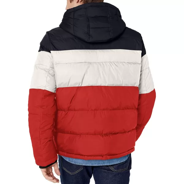 Tommy Hilfiger Mens Hooded Puffer JacketMidnightIceOrange Color Block