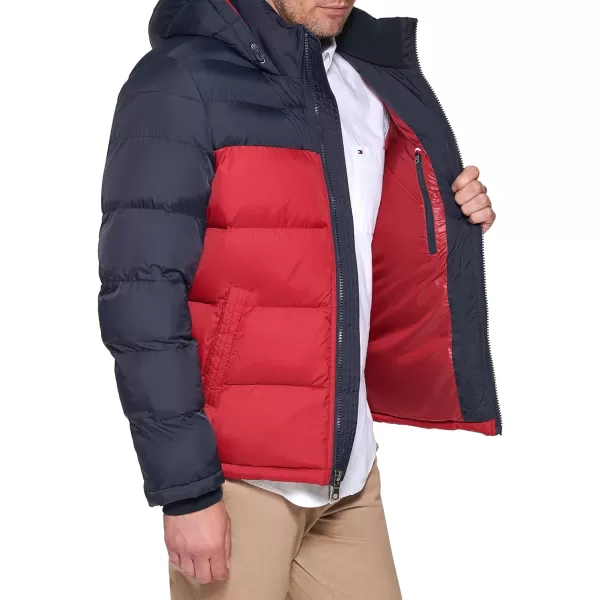 Tommy Hilfiger Mens Hooded Puffer JacketMidnightRed Color Block