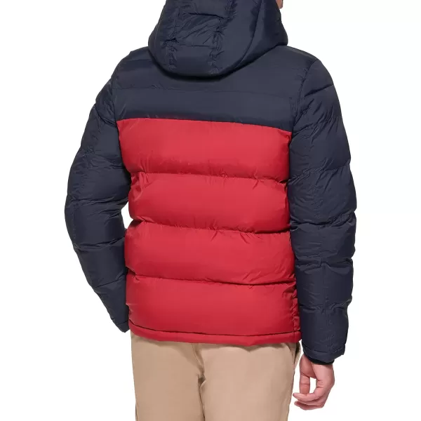 Tommy Hilfiger Mens Hooded Puffer JacketMidnightRed Color Block