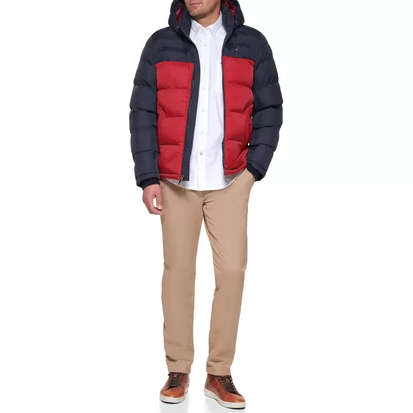 Tommy Hilfiger Mens Hooded Puffer JacketMidnightRed Color Block