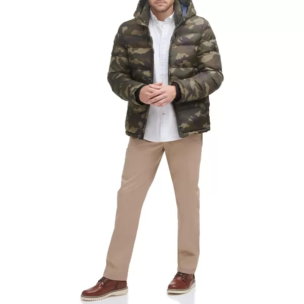 Tommy Hilfiger Mens Hooded Puffer JacketOlive Camouflage